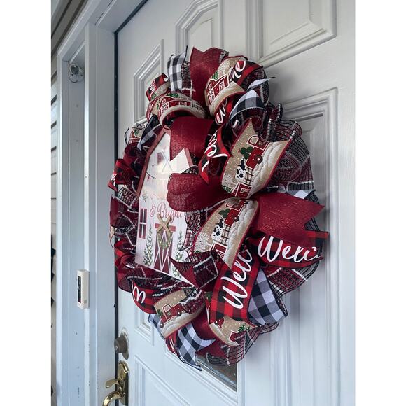 Merry & Bright Barn Christmas Wreath • Red Truck Farmhouse Holiday Door Decor - Picture 6 of 7
